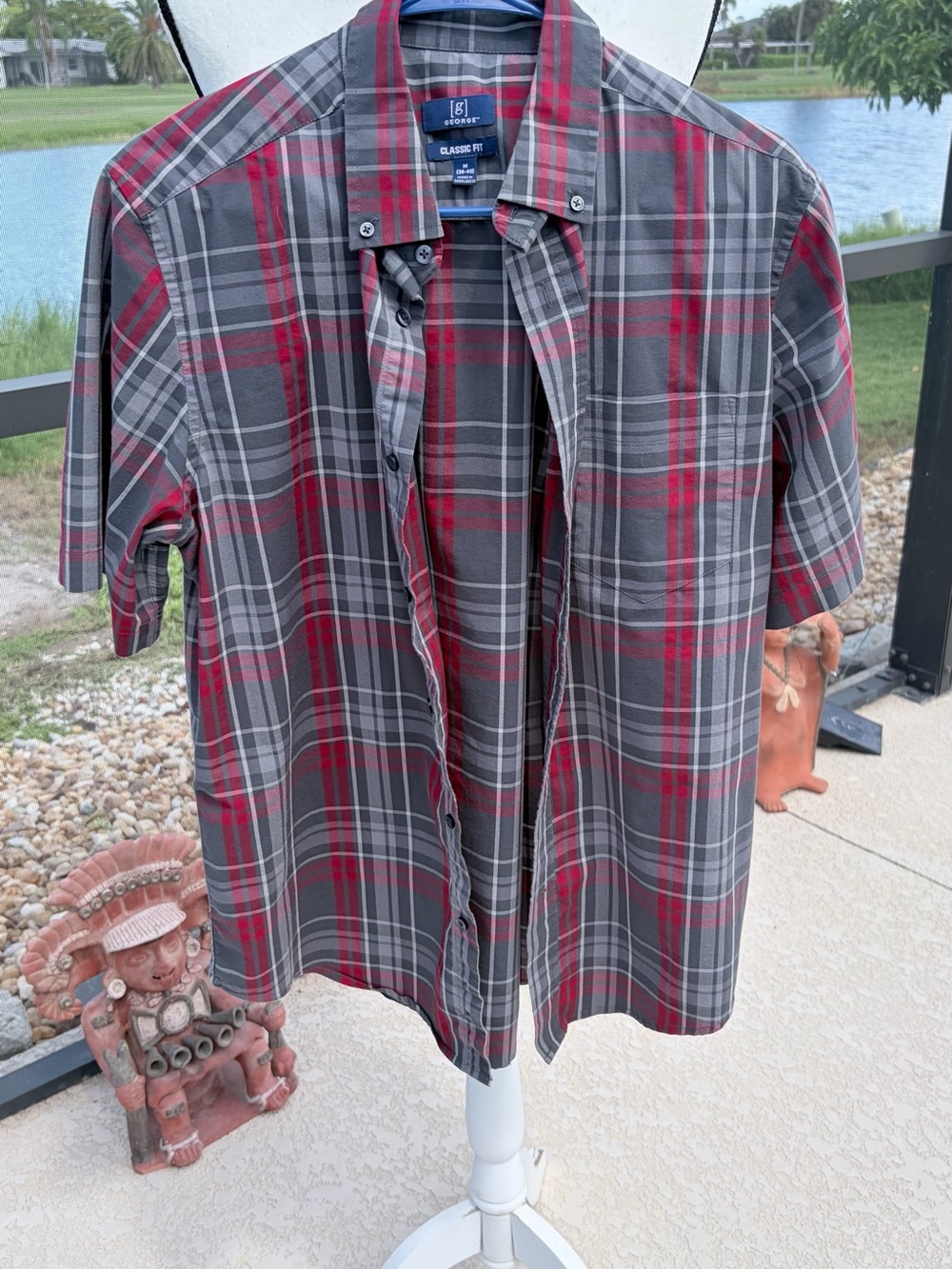 George Gray & Red Plaid Short-Sleeve Button-Down Shirt SZ M Classic Fit